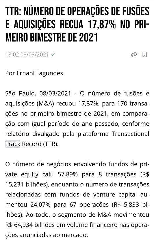 TTR: Nmero de operaes de fuses e aquisies recua 17,87% no primeiro bimestre de 2021